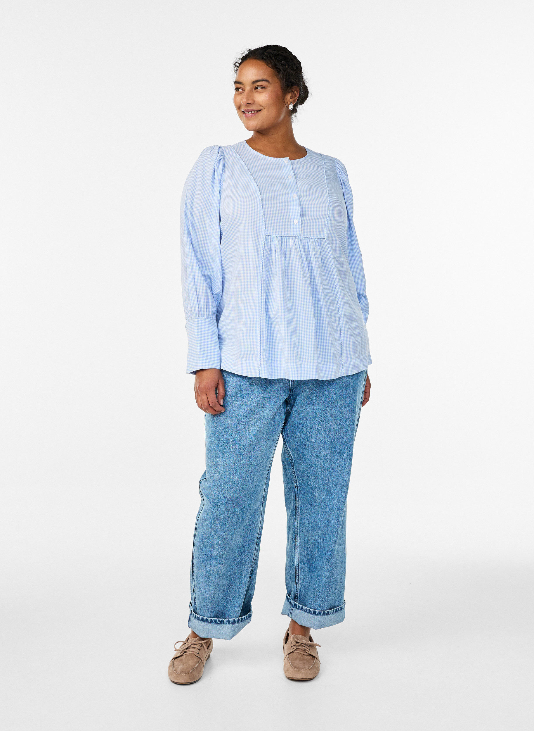 ZizziA-lijn geblokte blouse, Blauw, Model image number 1