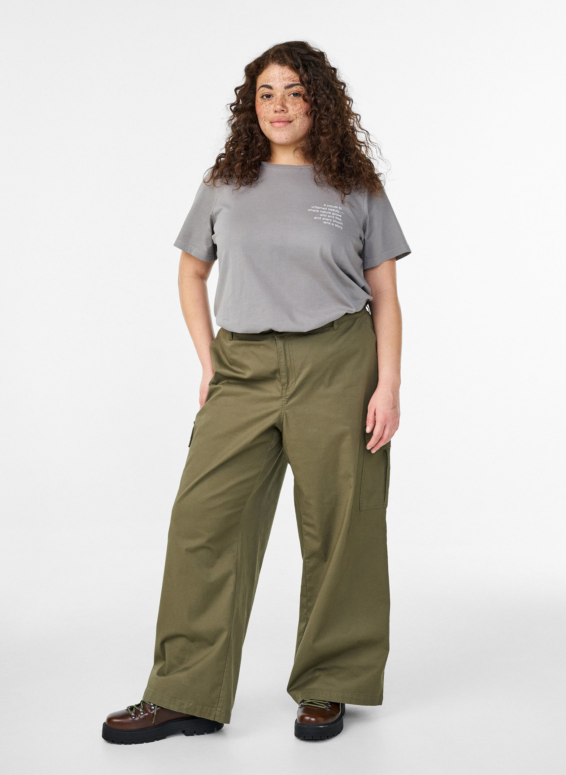 ZizziKatoenen T-shirt met print op de voorkant en achterkant, Grijs, Model image number 1