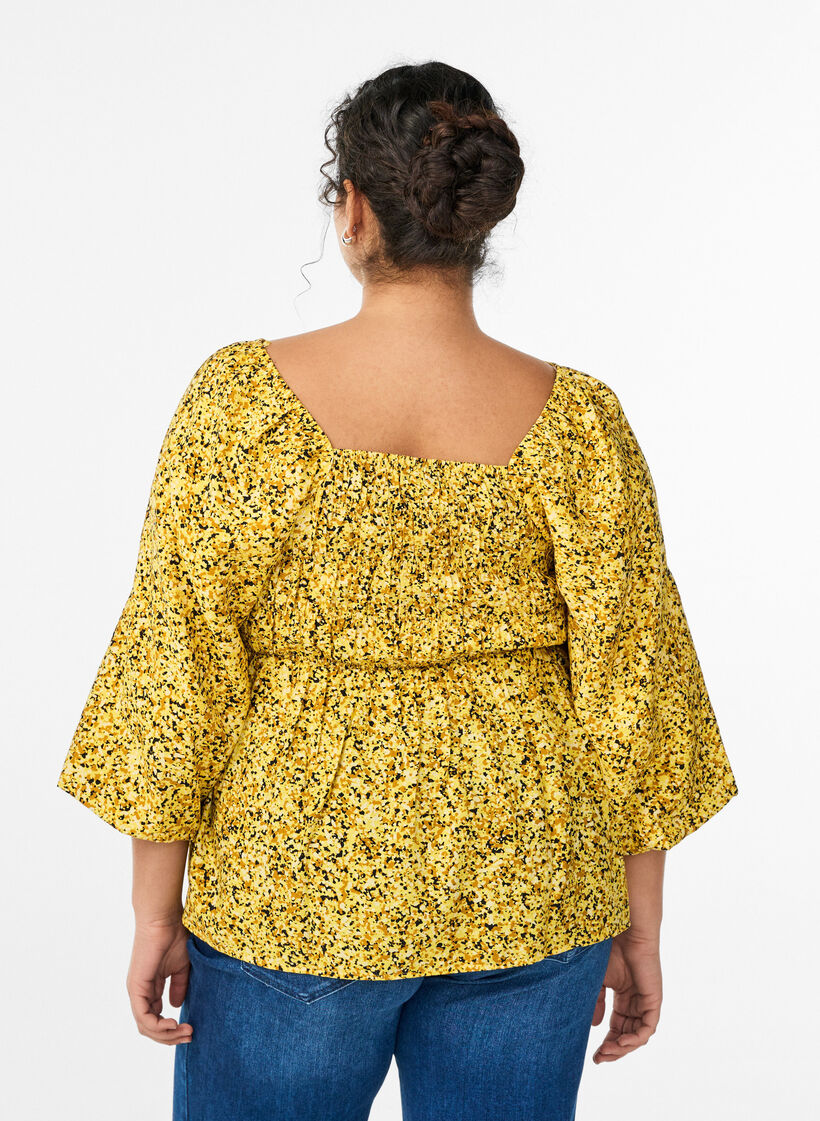 Blouse met smock en vierkante halslijn, Geel, Model image number 2