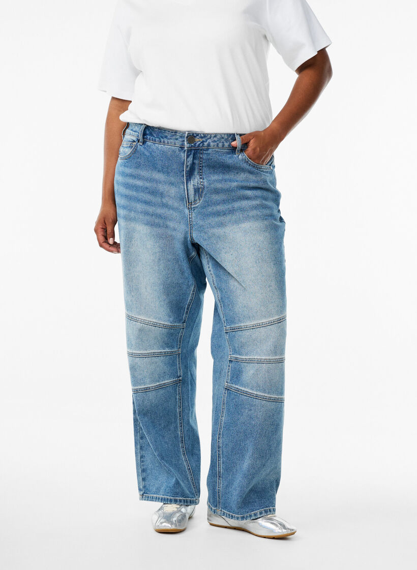 Jeans met rechte, wijde pijpen en stikdetails, Blue Denim, Model