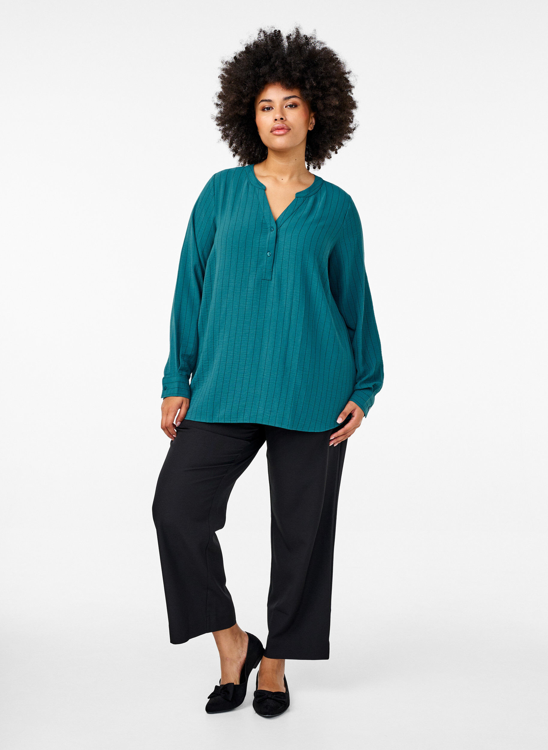 ZizziFLASH - Streepjes overhemdblouse, Groen, Model image number 1