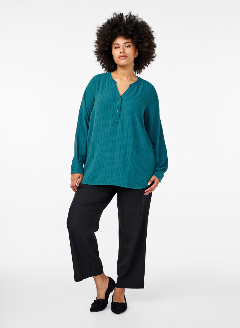 FLASH - Streepjes overhemdblouse, Groen, Model image number 1