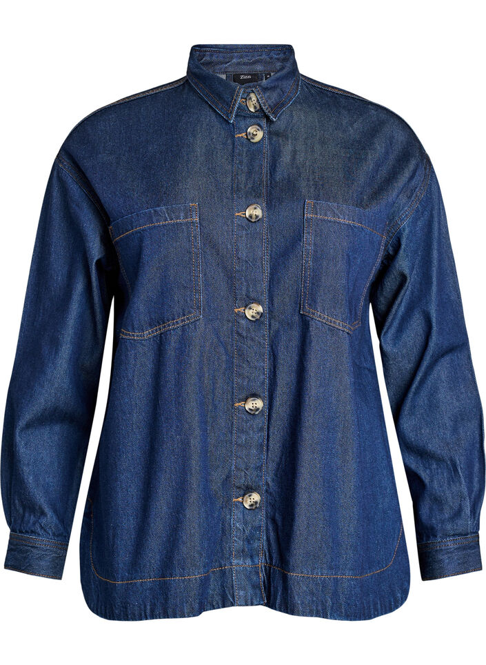 Losse denimshirt met zakken op de borst, Blauw, Packshot image number 0
