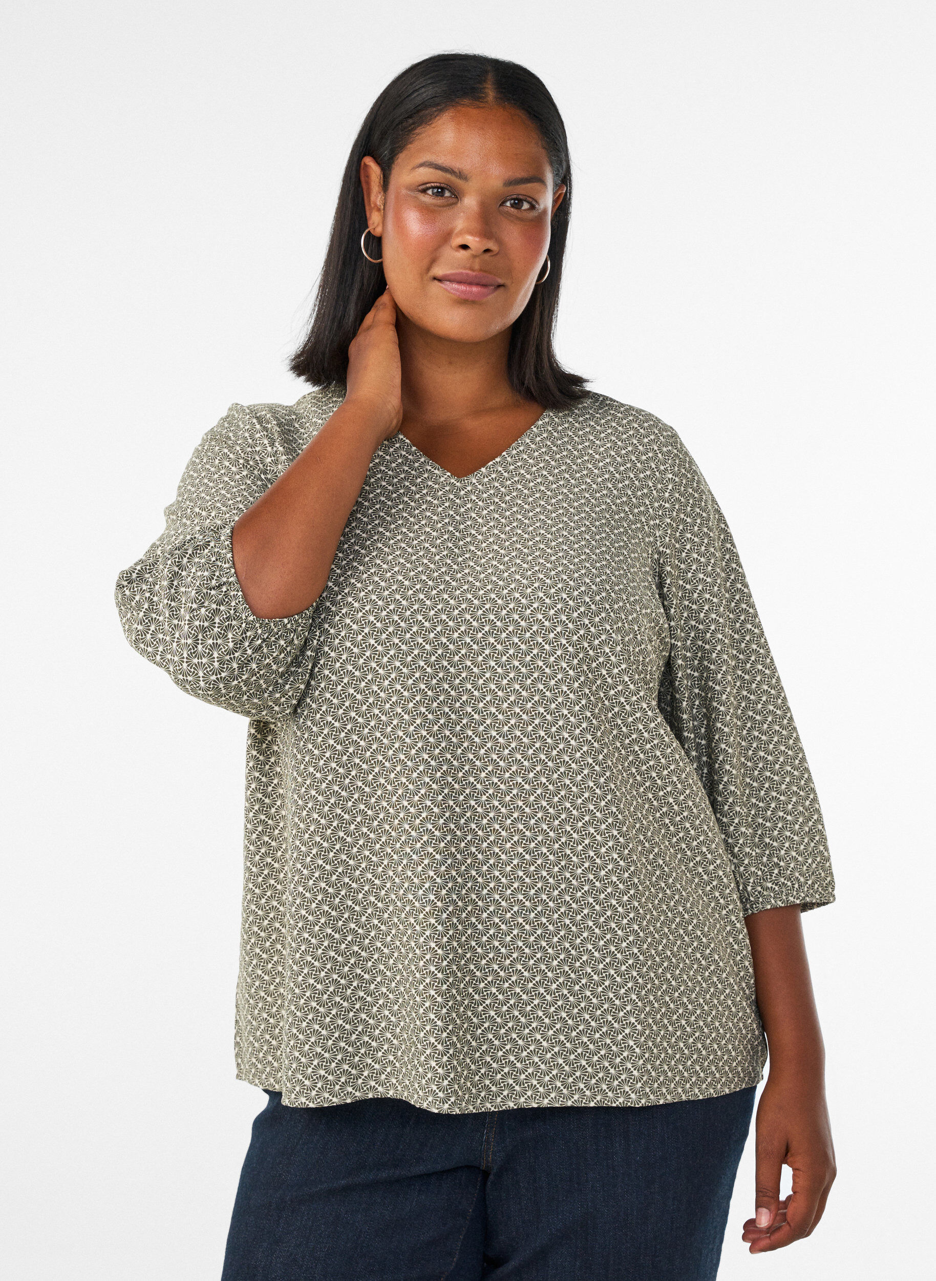 Blouse van viscose met patroon en 3/4-mouwen, Groen, Model
