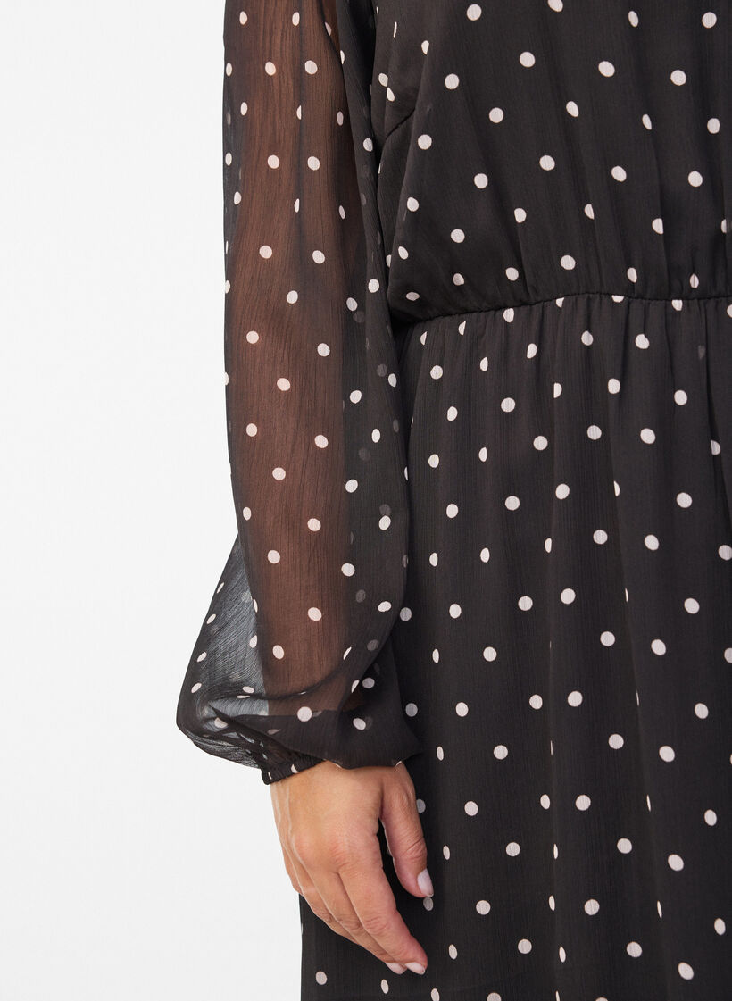 Chiffon jurk met polkadots en lange mouwen, Bruin, Model image number 2