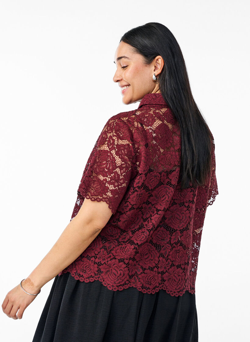 Kanten shirt blouse met parelknopen, Tawny Port, Model