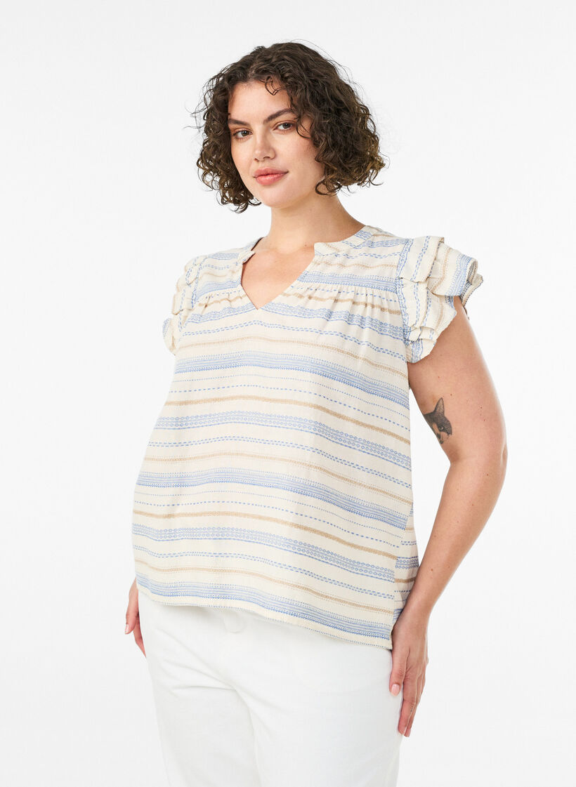 Mouwloze blouse met ruches en gestreept patroon, Vanille, Model image number 0