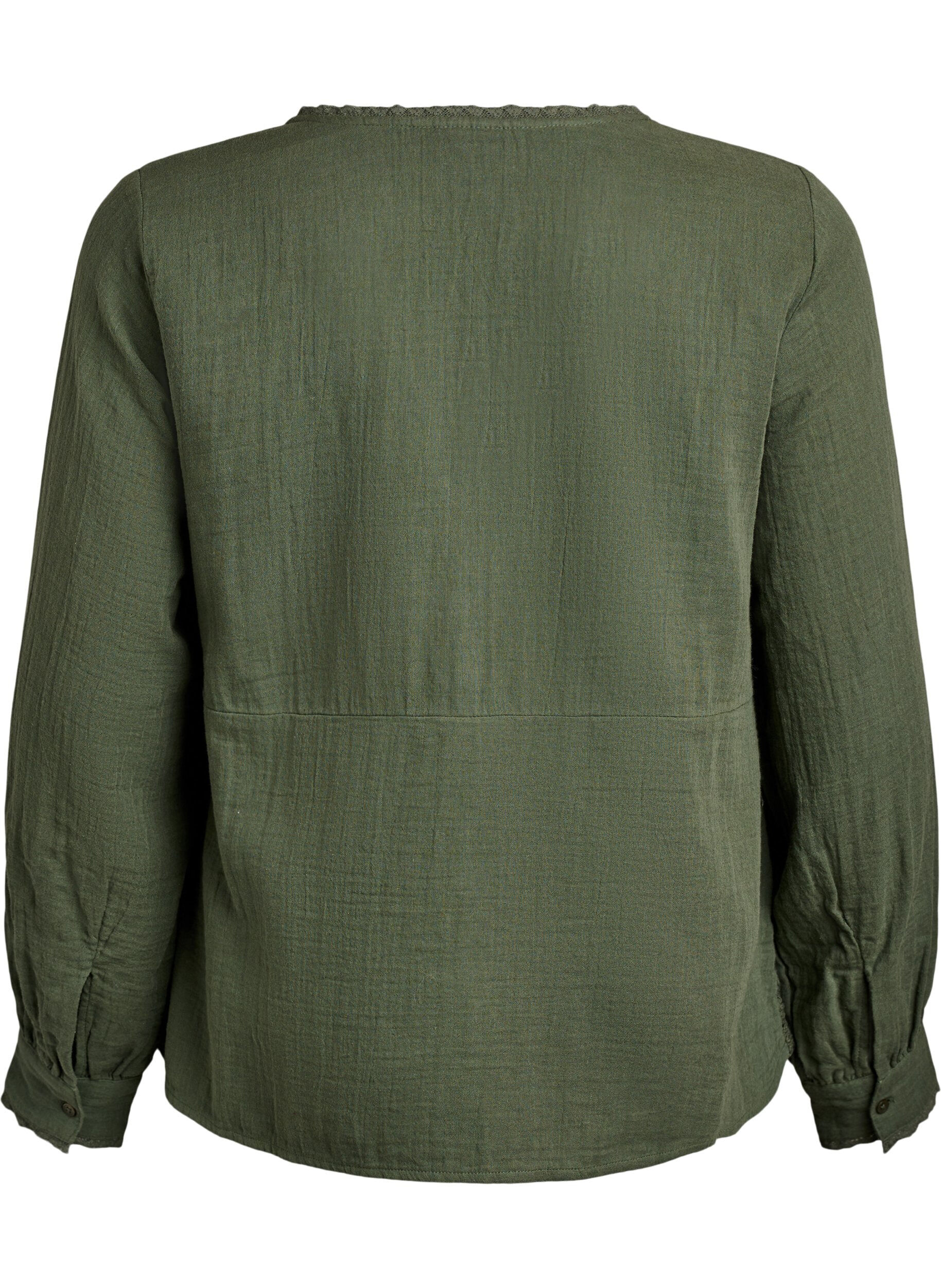 ZizziKatoenen mousseline blouse met haakdetails, Groen, Packshot image number 1