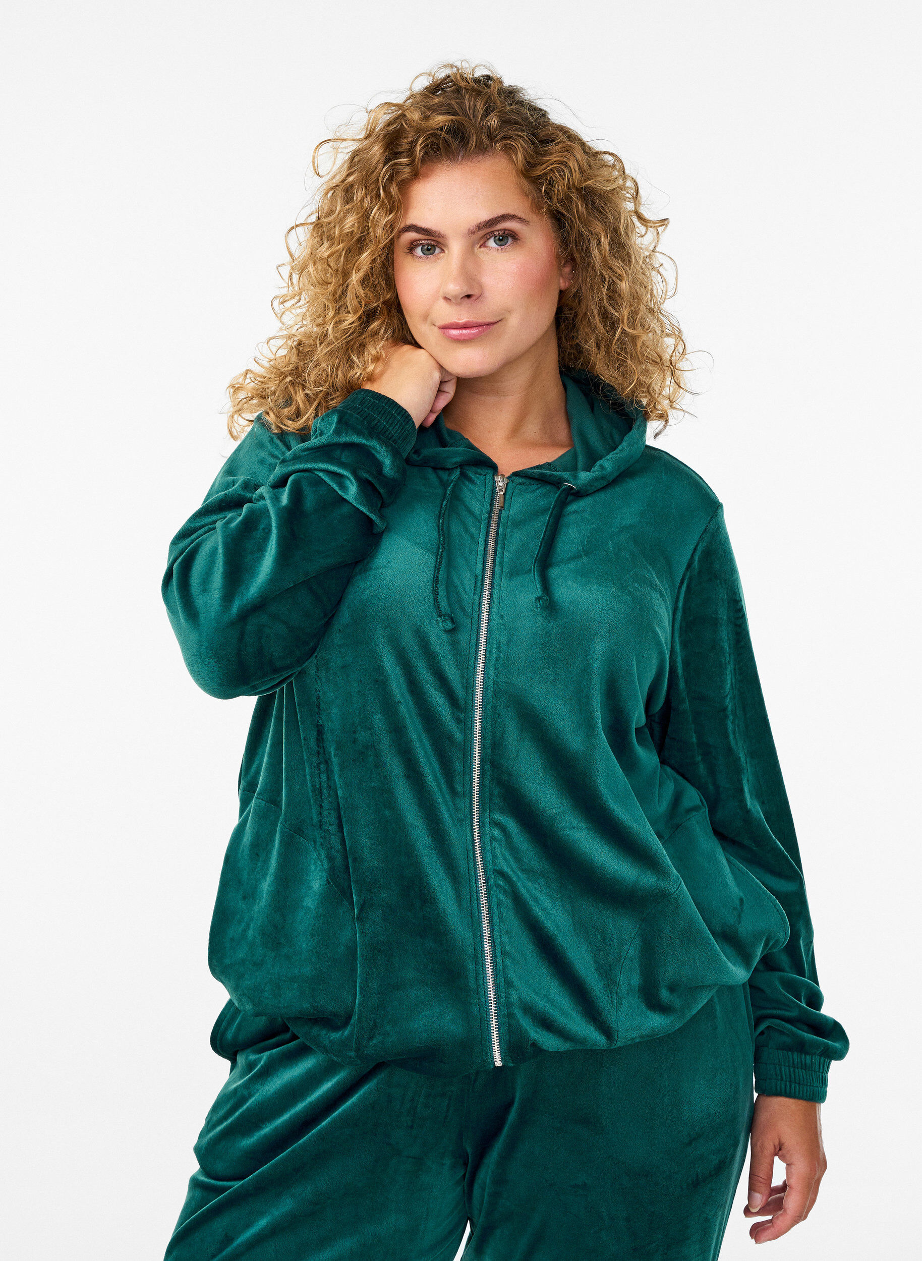 Velours cardigan met ritssluiting en capuchon, Groen, Model