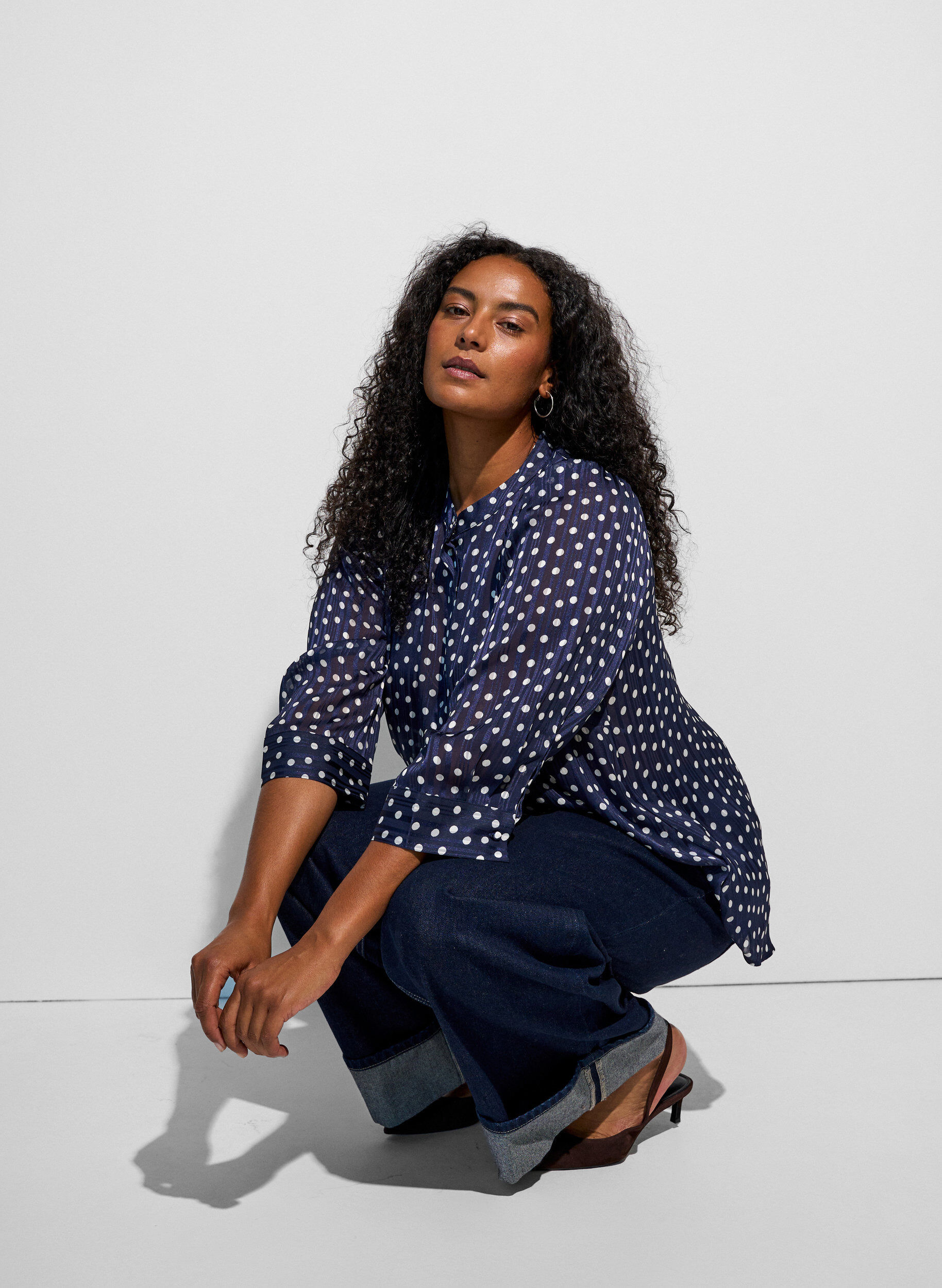 Blouse met patroon, opstaande kraag en 3/4-mouwen, Blauw, Model