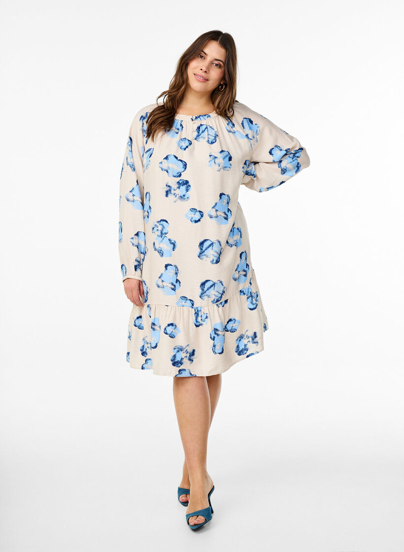 Knie-lange jurk met lange mouwen en een A-lijn snit, Off White Blue AOP, Model