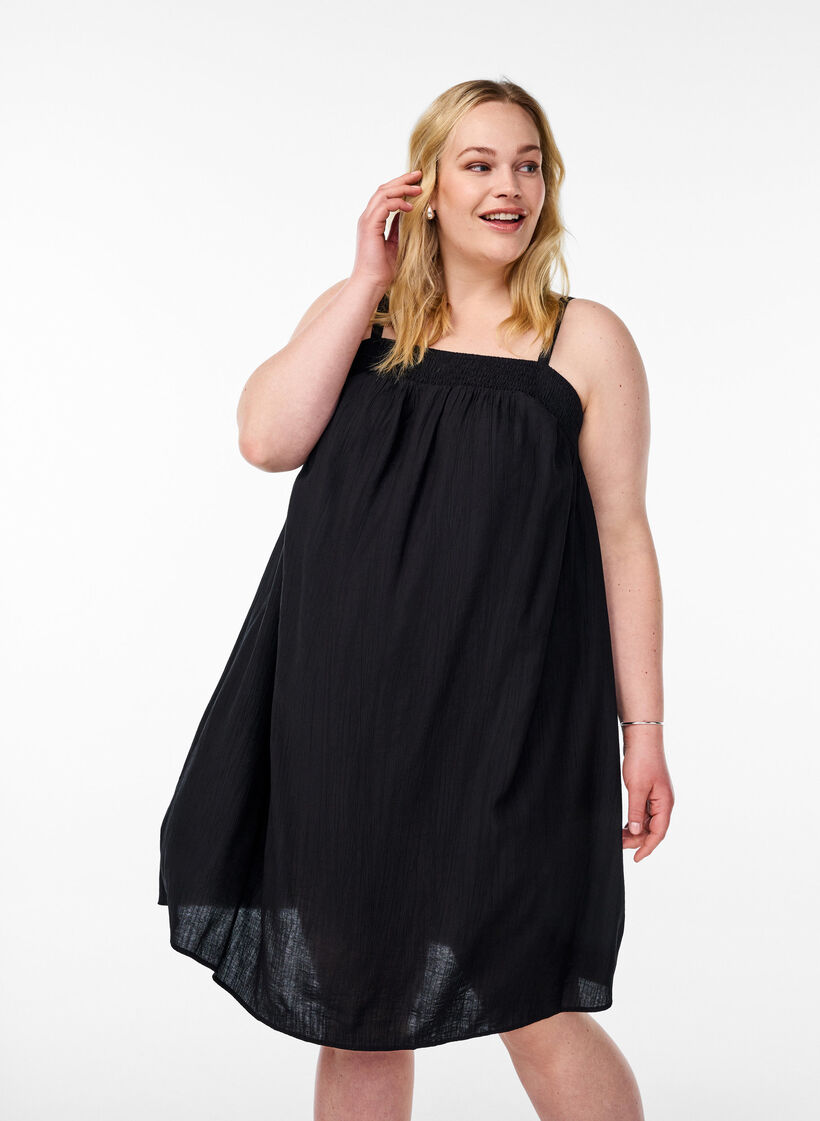 Korte viscose jurk met spaghettibandjes, Zwart, Model image number 0