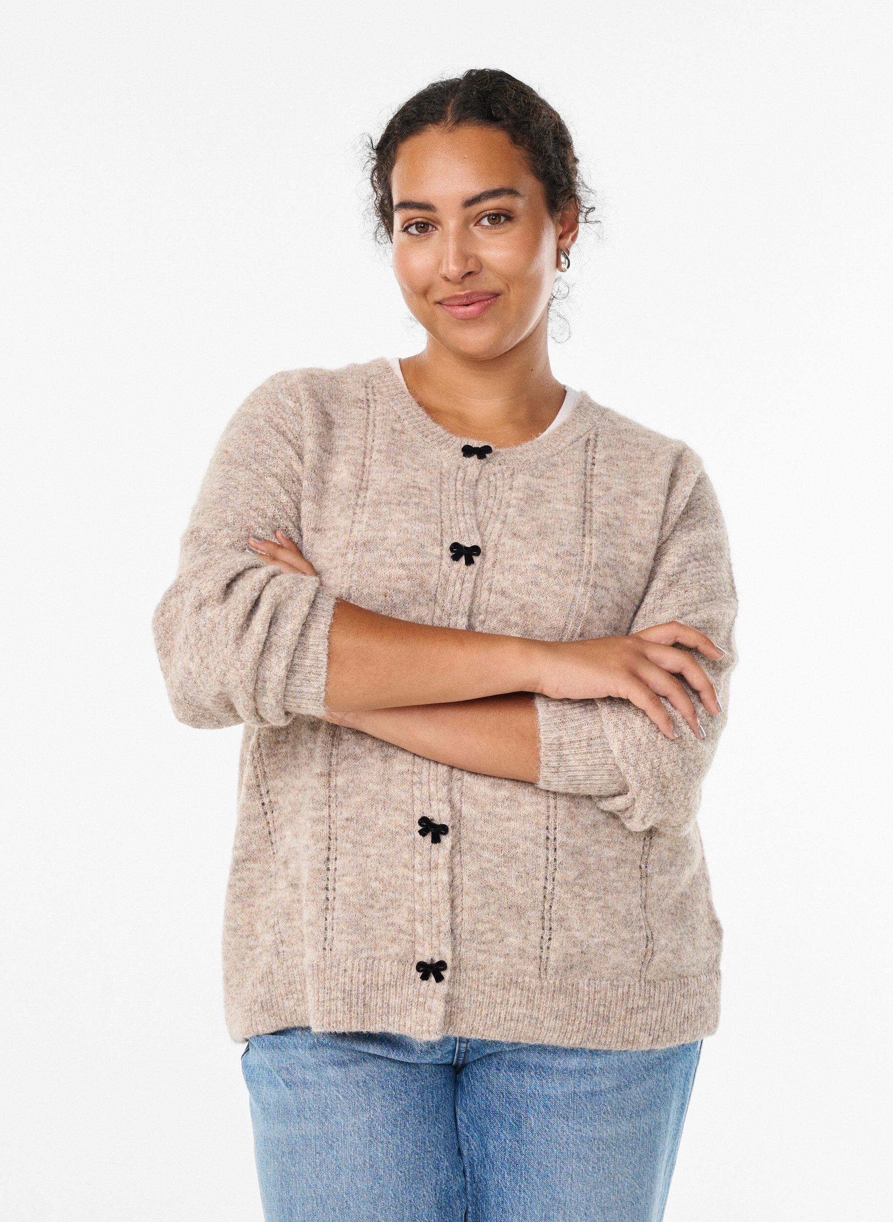 Cardigan met strikknopen en opengewerkt patroon, Beige, Model
