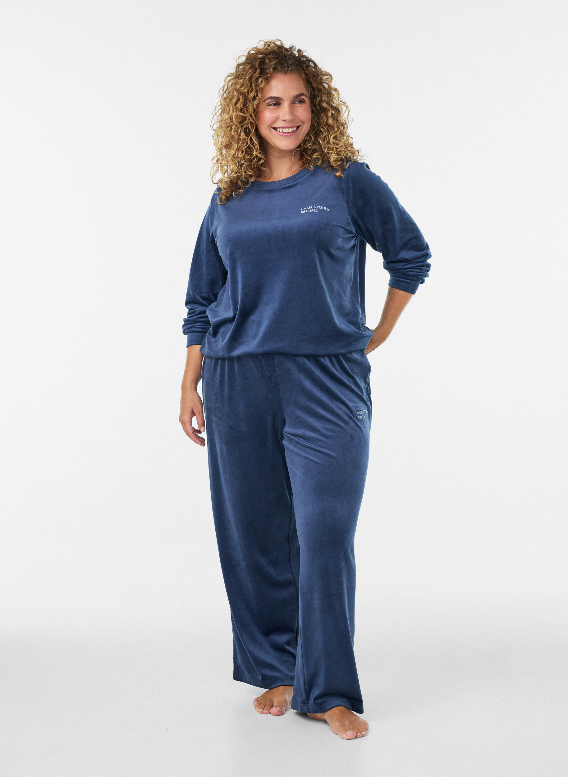 Veloursbroek met contrasterende biezen, Blauw, Model