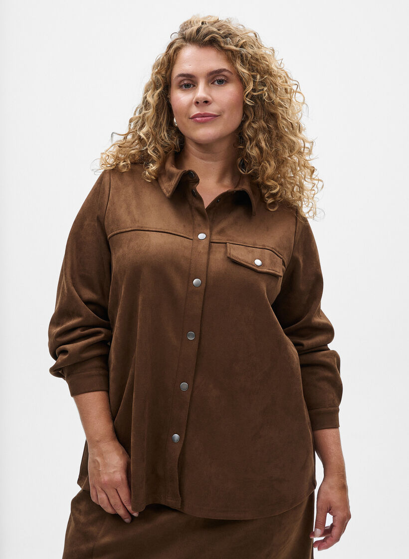 Imitatie suède overhemd, Brown Fake Suede , Model