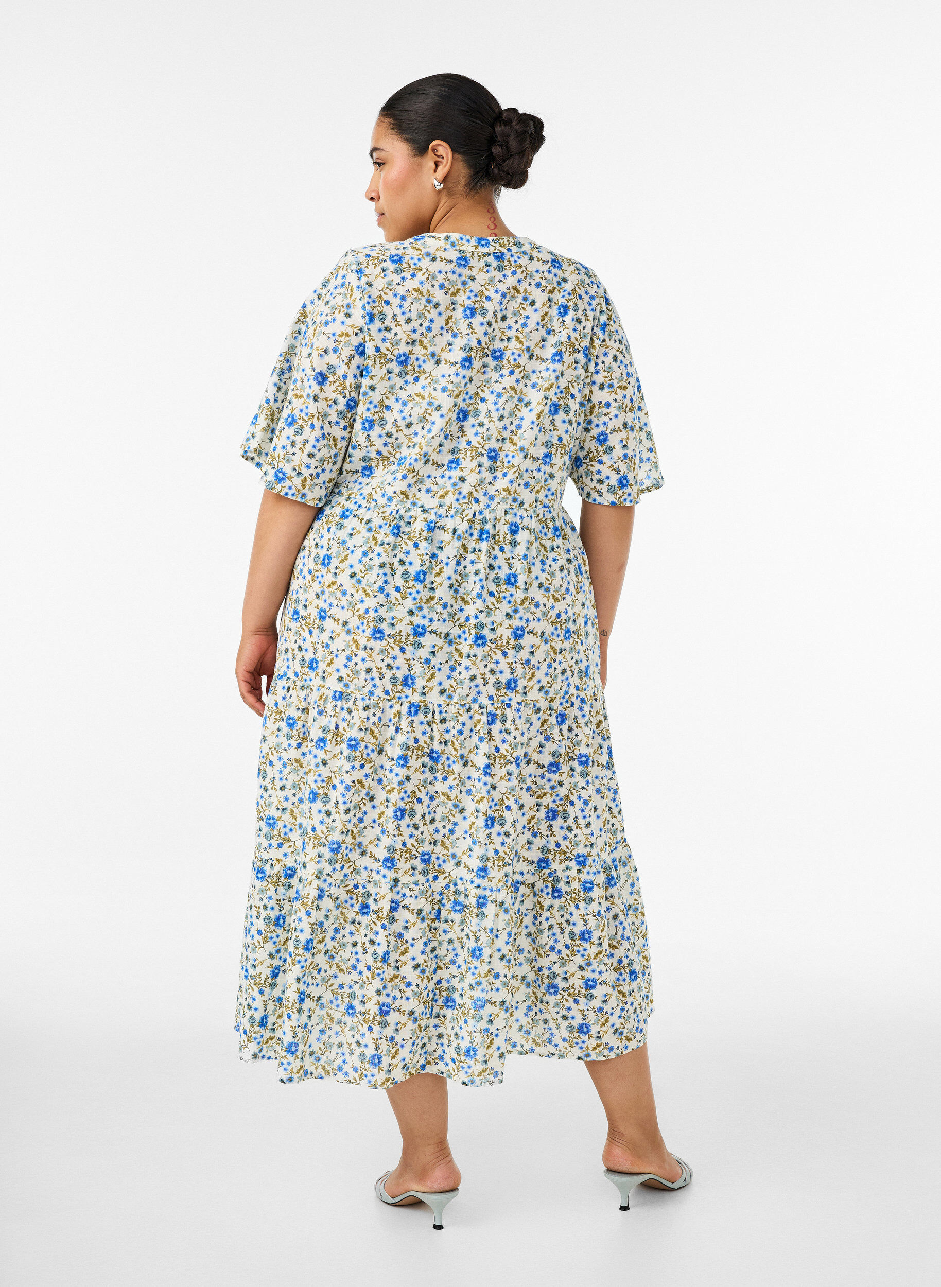 ZizziKatoenen midi jurk met bloemenprint, Blauw, Model image number 1