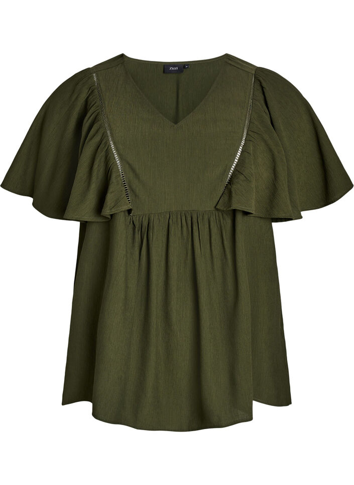 Blouse met korte mouwen met ruches, Groen, Packshot image number 0