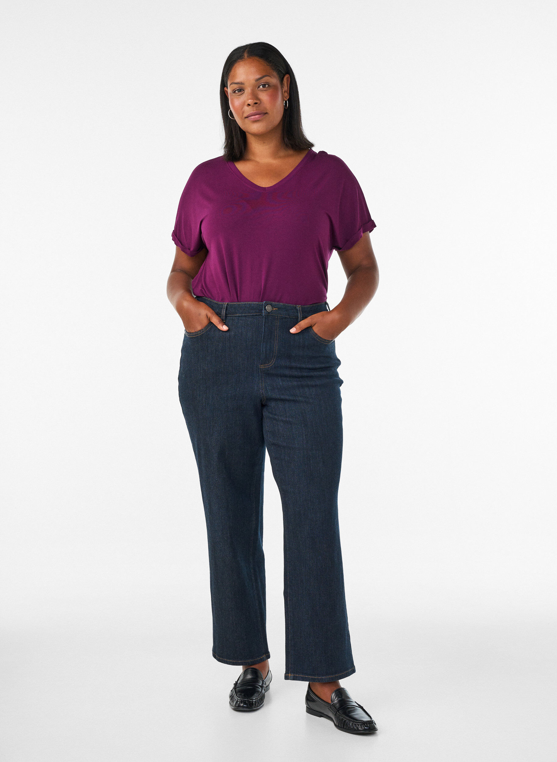 ZizziBasic T-shirt met V-hals van viscose, Paars, Model image number 1