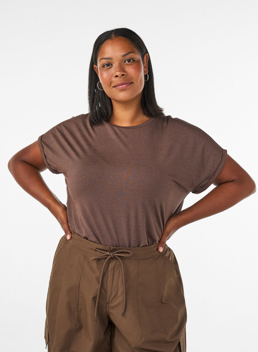 Viscose T-shirt met glitterstrepen, Bruin, Model image number 0