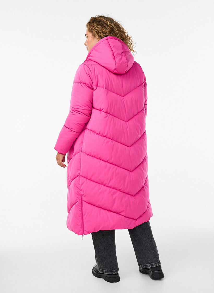 Lange pufferjas met capuchon en zakken, Roze, Model image number 1