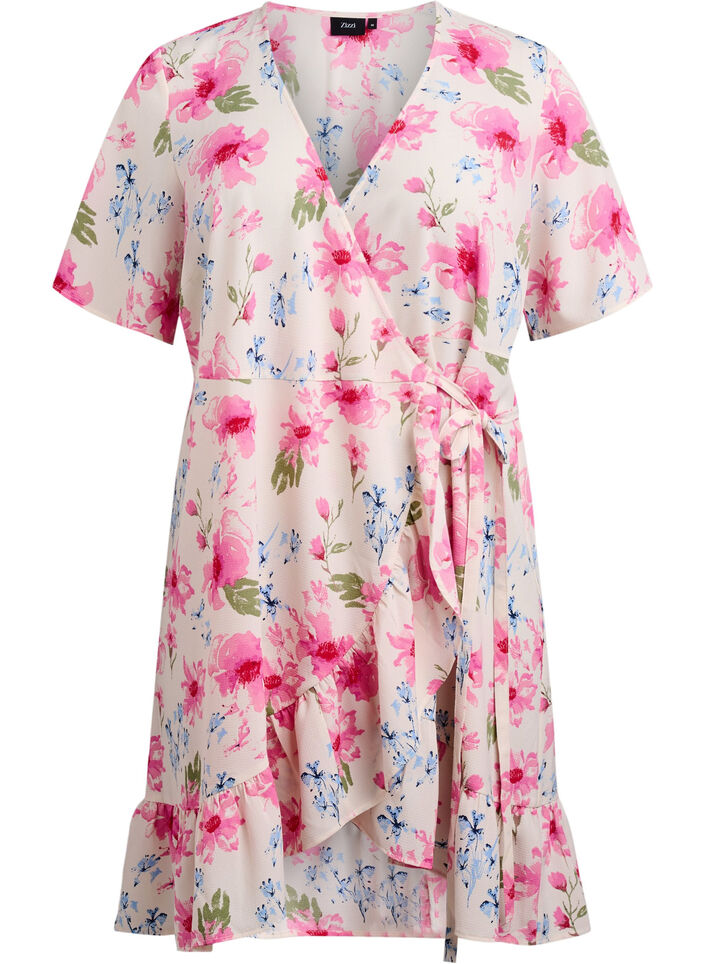 Robe portefeuille &agrave; fleurs et manches courtes, Blanc, Packshot image number 0