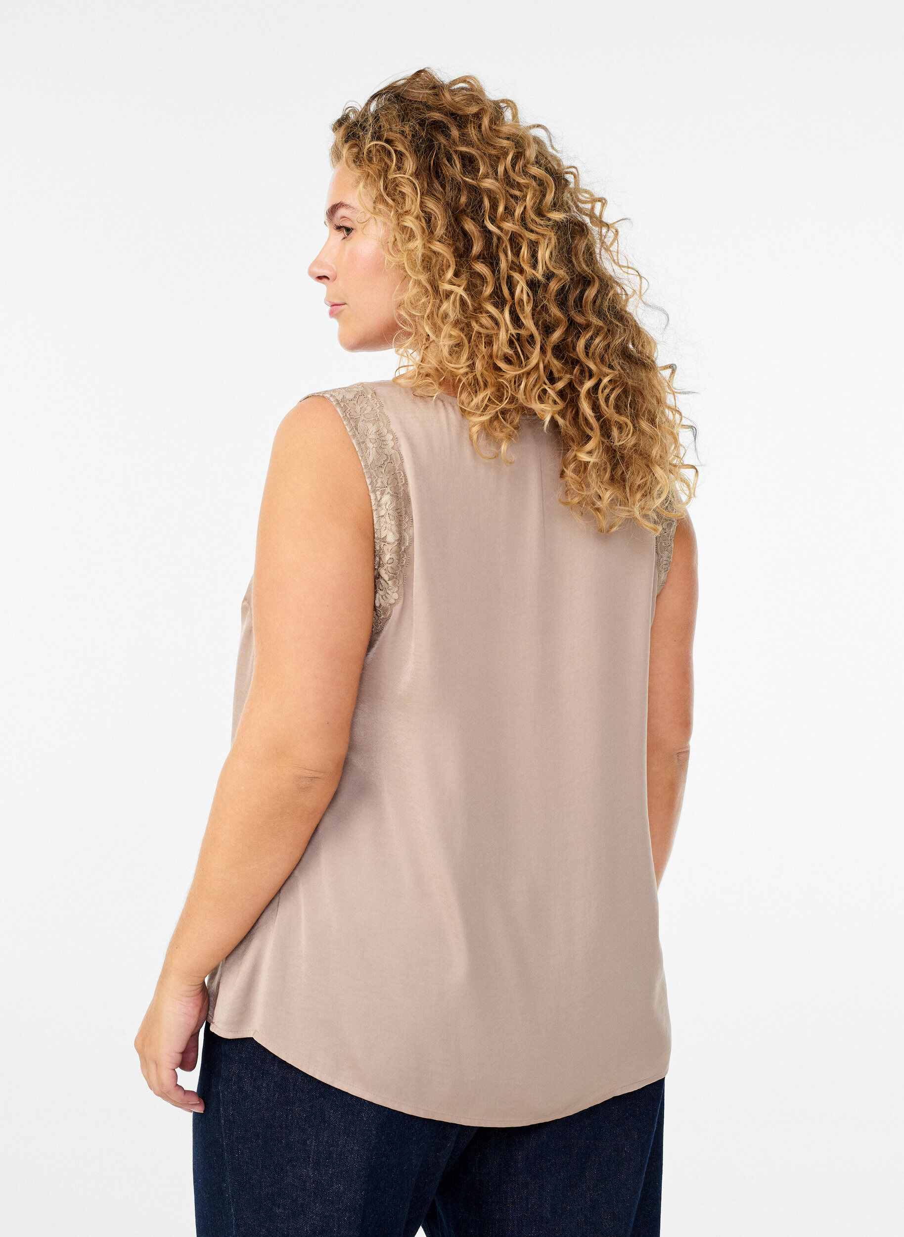 ZizziMouwloze top met kant, Beige, Model image number 2