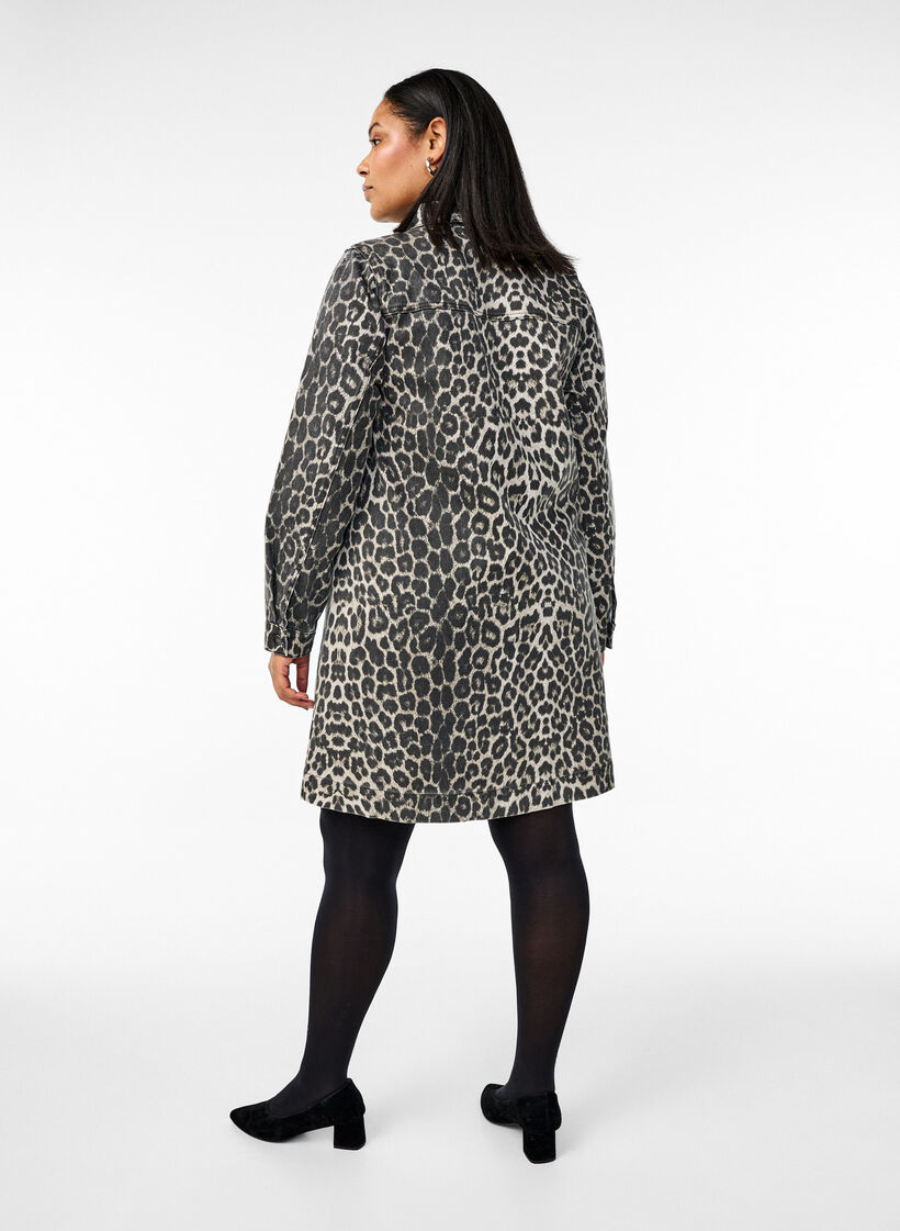 Denim jurk met lange mouwen en luipaardprint, Bruin, Model image number 2