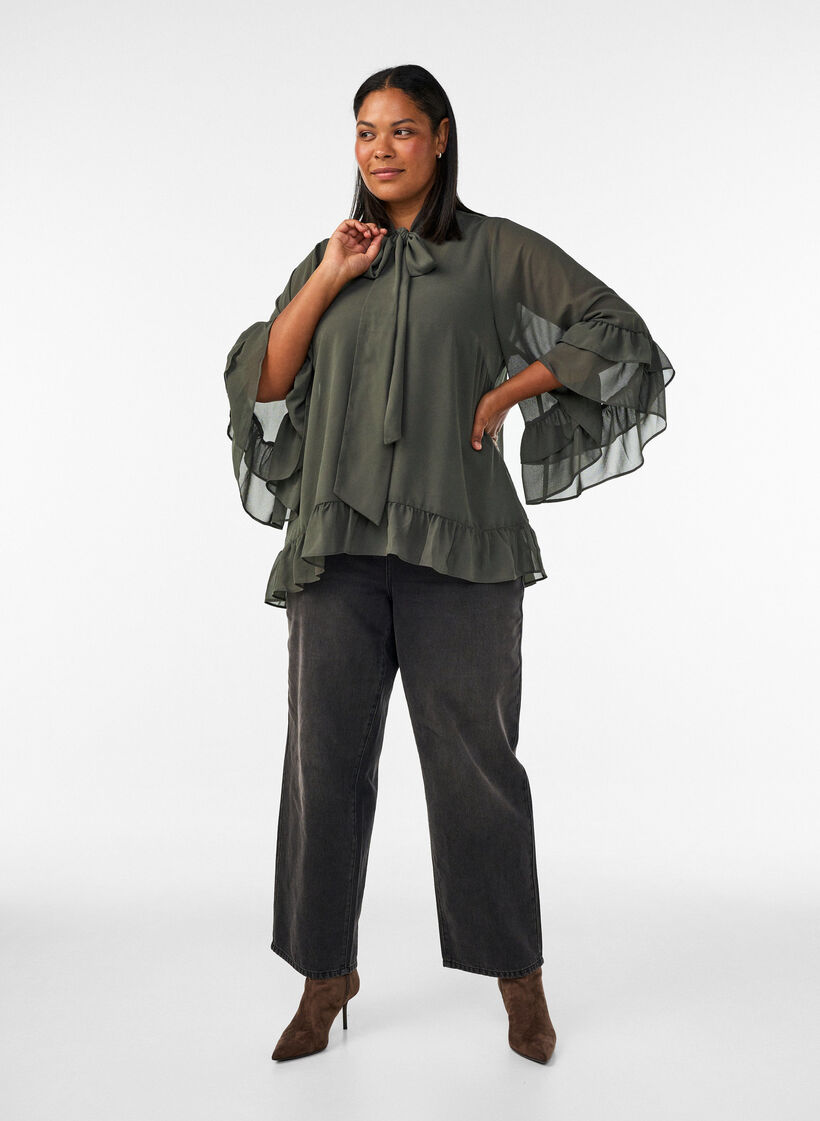 Blouse met striklint en ruches, Grijs, Model image number 1
