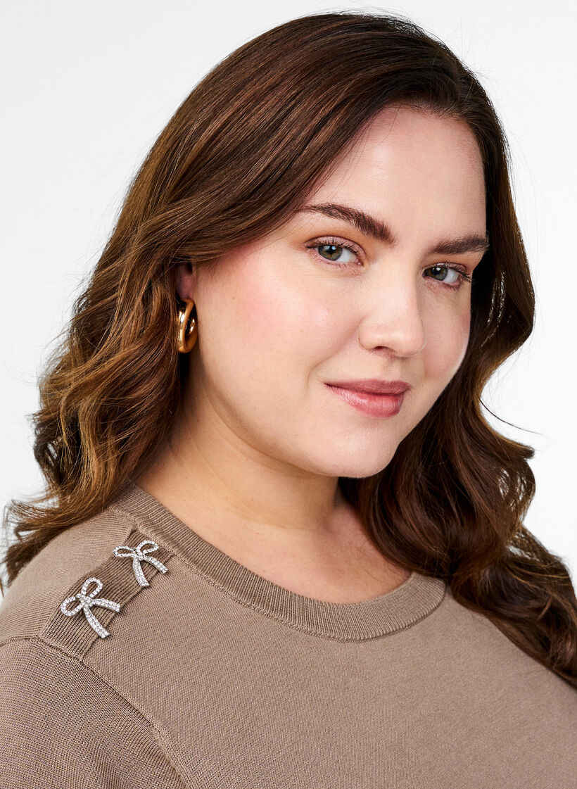 Gebreide blouse met korte mouwen en kleine strikken, Desert Taupe, Image