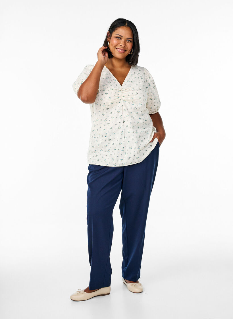 Blouse met korte pofmouwen en ruches details, Wit, Model image number 1