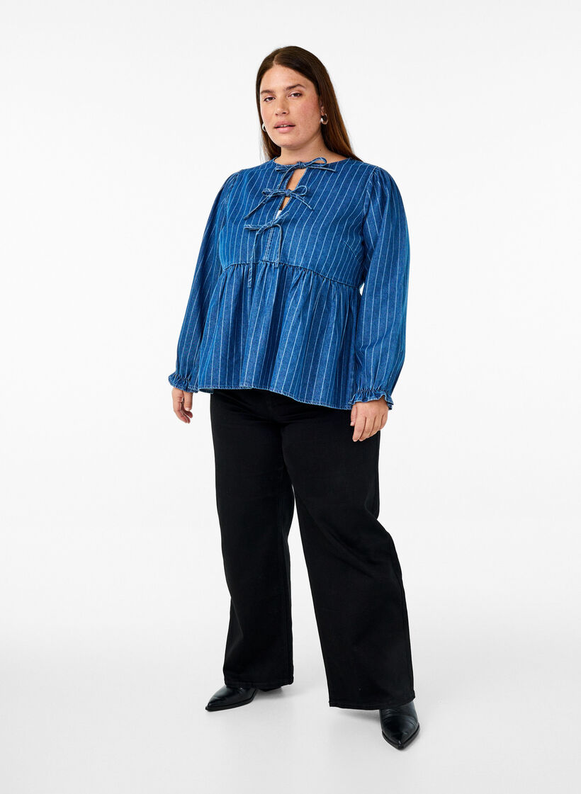 Gestreepte denim blouse met strik aan de voorkant, Blauw, Model image number 1