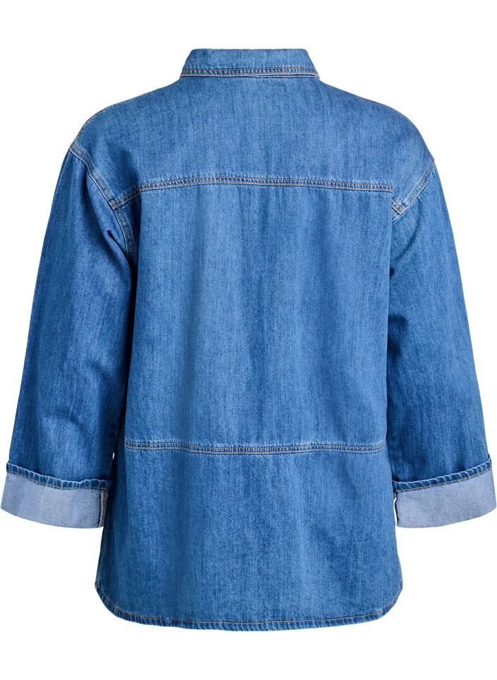 Losse denimblouse met kraag en knoopsluiting, Blauw, Packshot