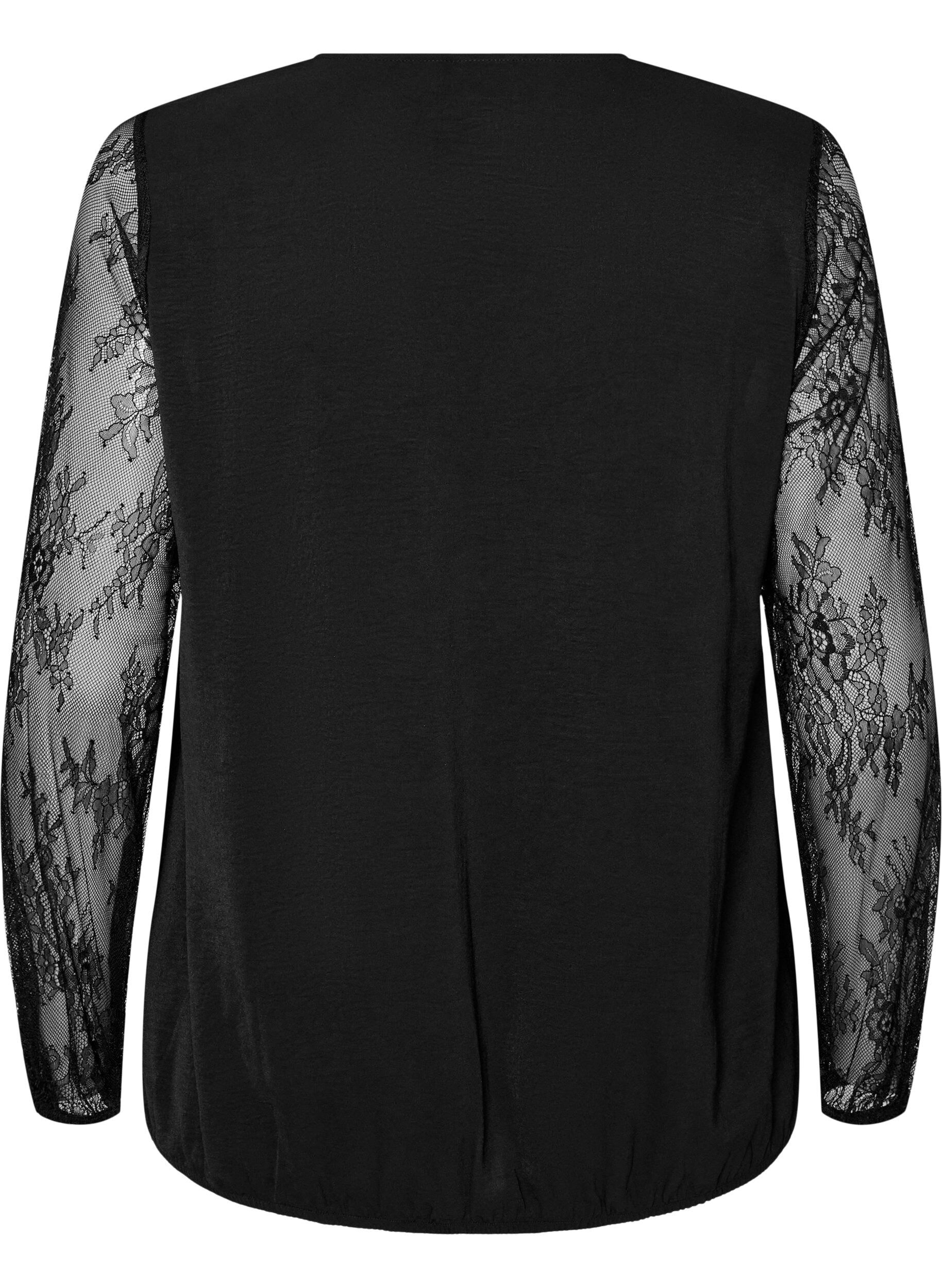 ZizziBlouse met kanten mouwen en ballonvorm, Zwart, Packshot image number 1