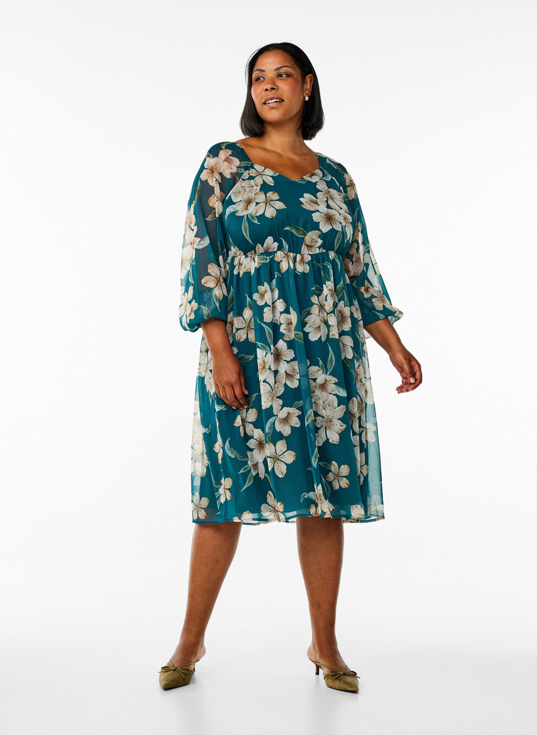 ZizziChiffon feestjurk met lange mouwen, Groen, Model image number 1