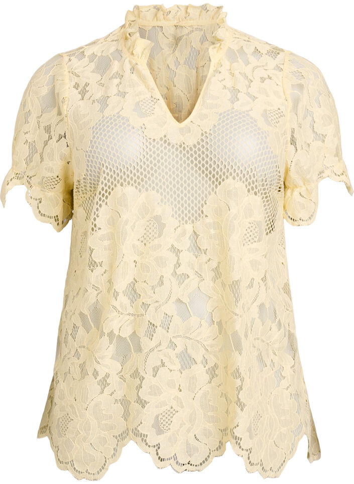 Kanten blouse met ruchekraag en korte mouwen, Geel, Packshot image number 0