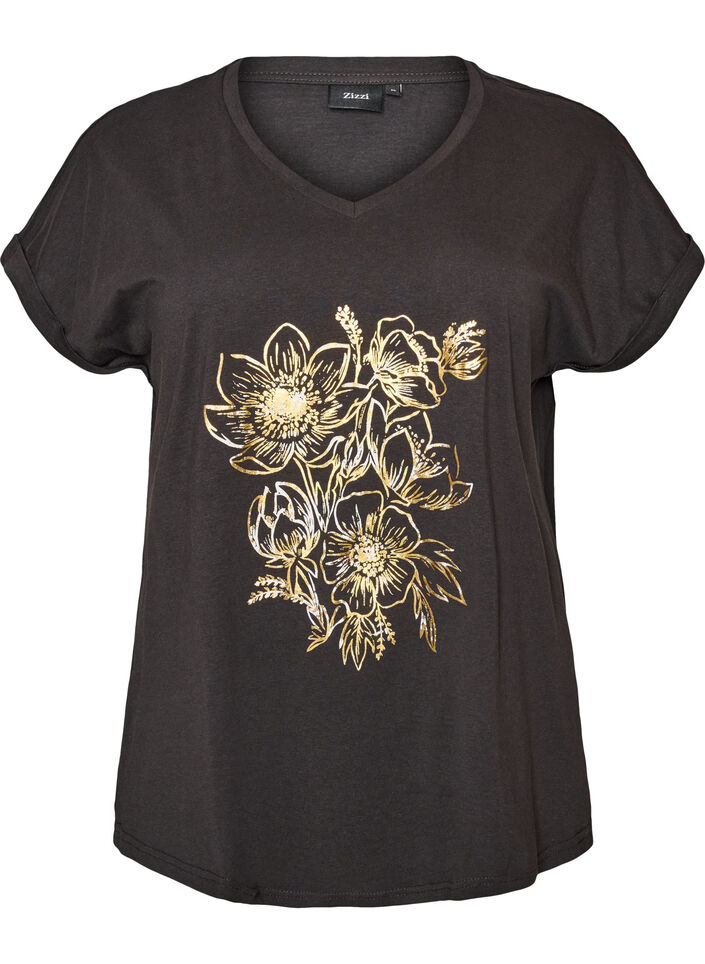 Katoenen T-shirt met goudkleurige folieprint, Grijs, Packshot image number 0
