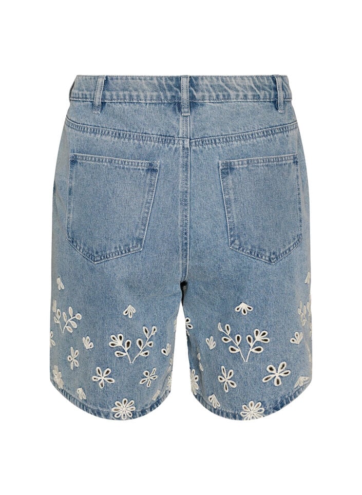 Denim shorts met broderie anglaise en hoge taille, Blauw, Packshot image number 1