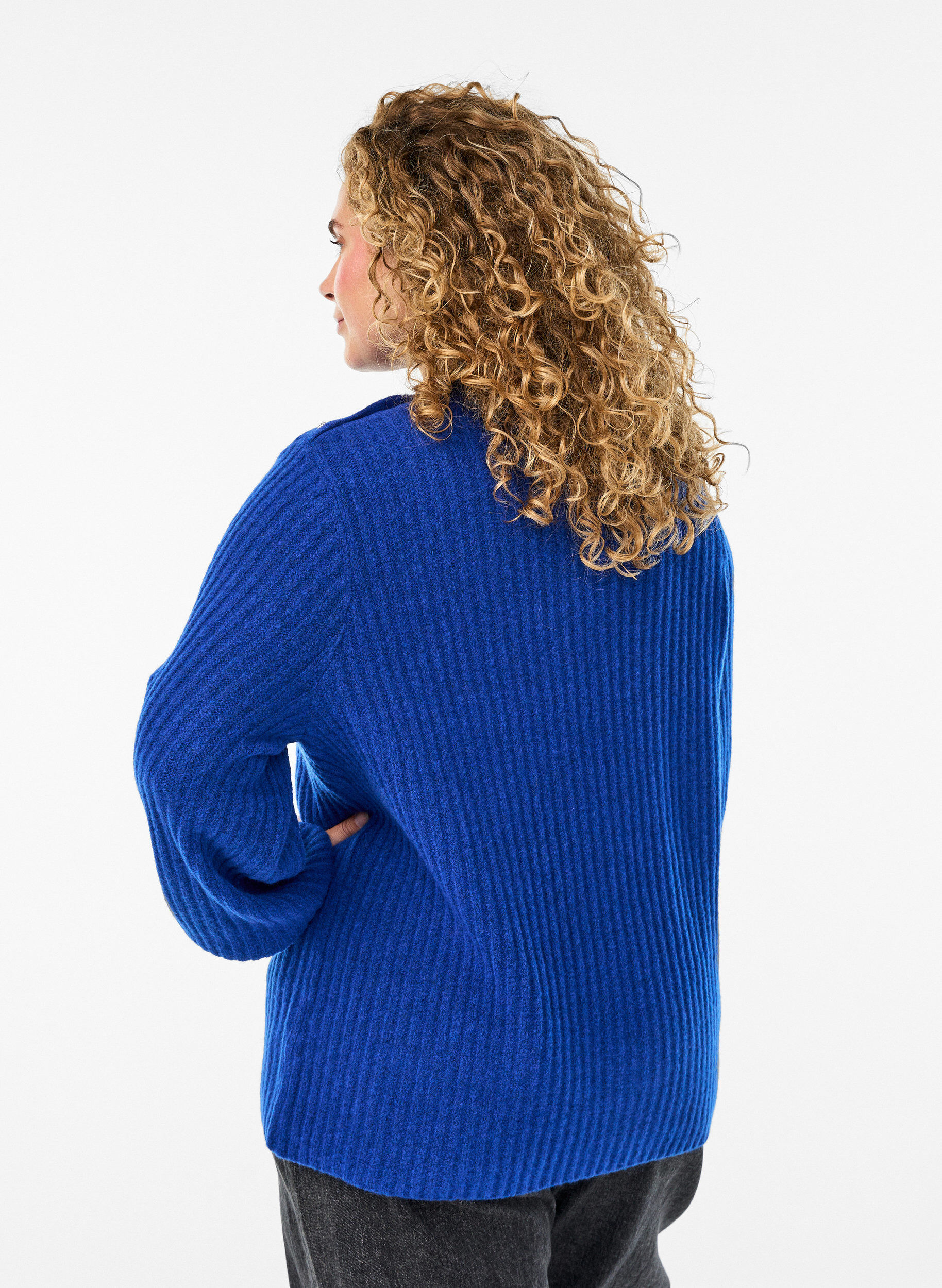 ZizziGeribde trui met pofmouwen en knopen, Blauw, Model image number 2