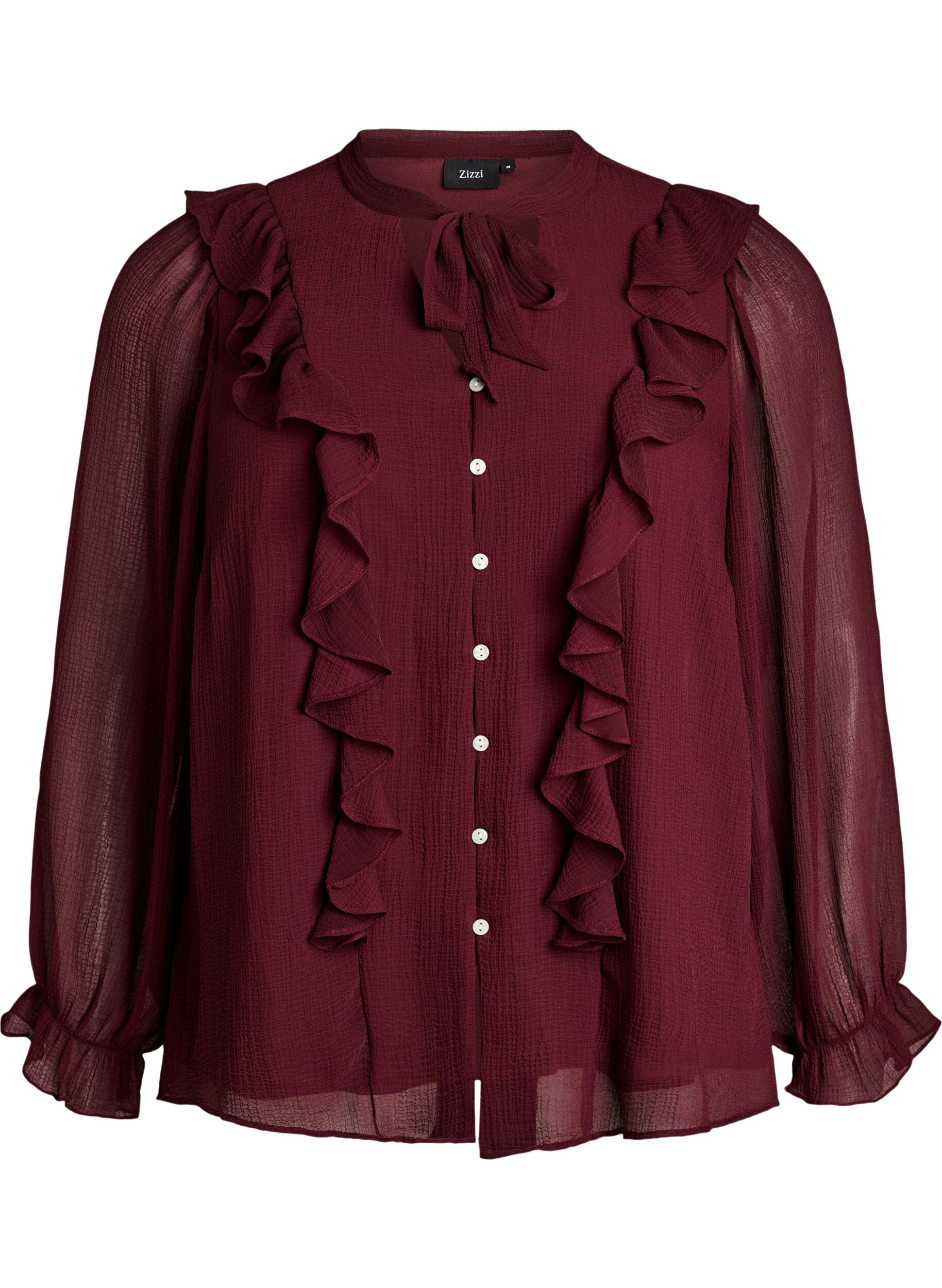 Transparante blouse met ruches en striksluiting