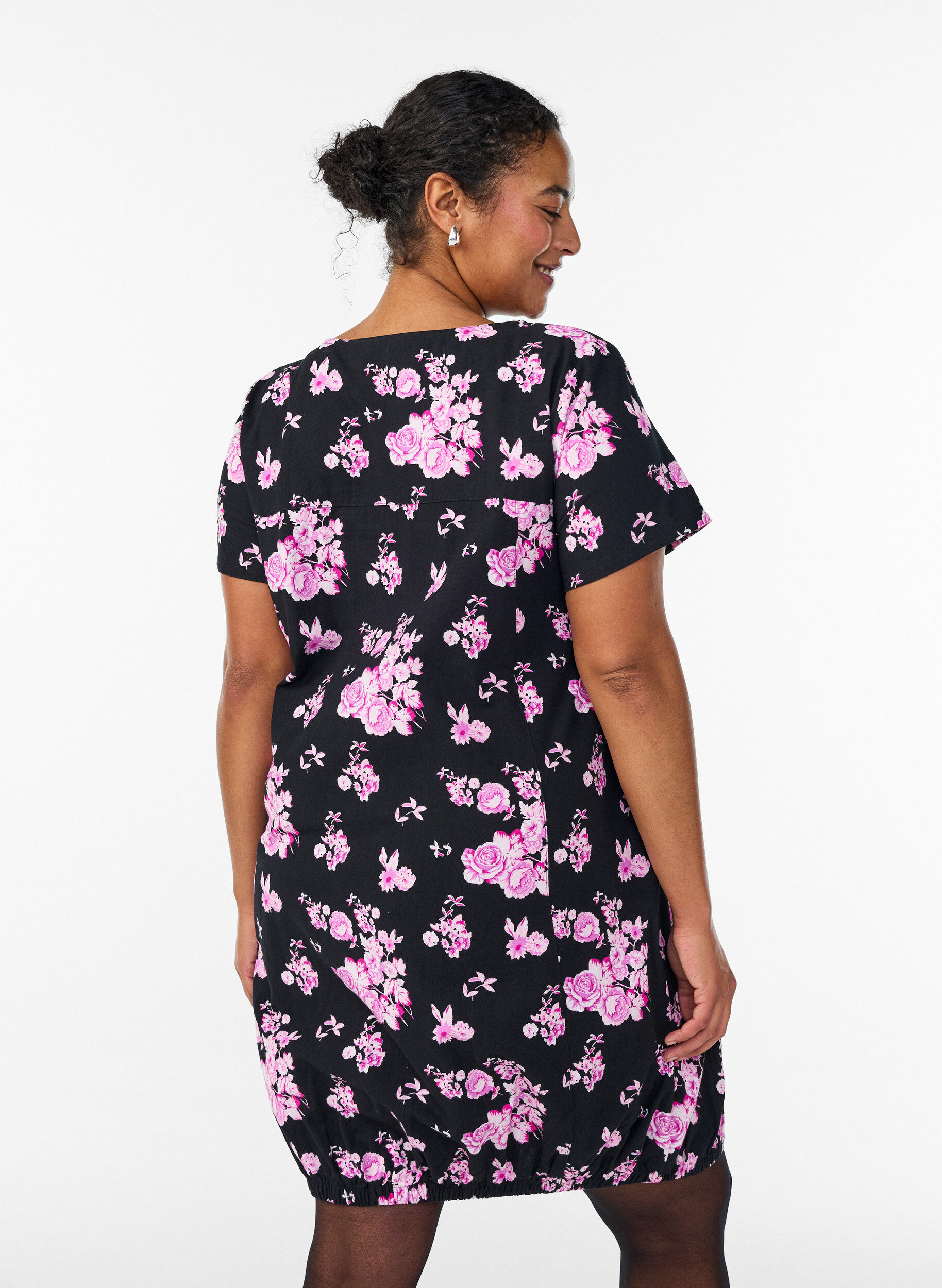 ZizziKatoenen jurk met korte mouwen en print, Zwart, Model image number 2