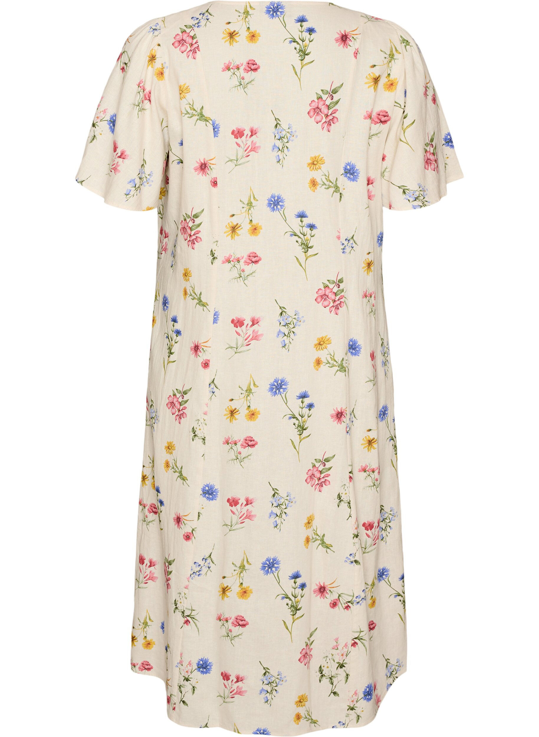 Zizzi Robe midi en lin et viscose avec manches &agrave; volants, Beige, Packshot image number 1