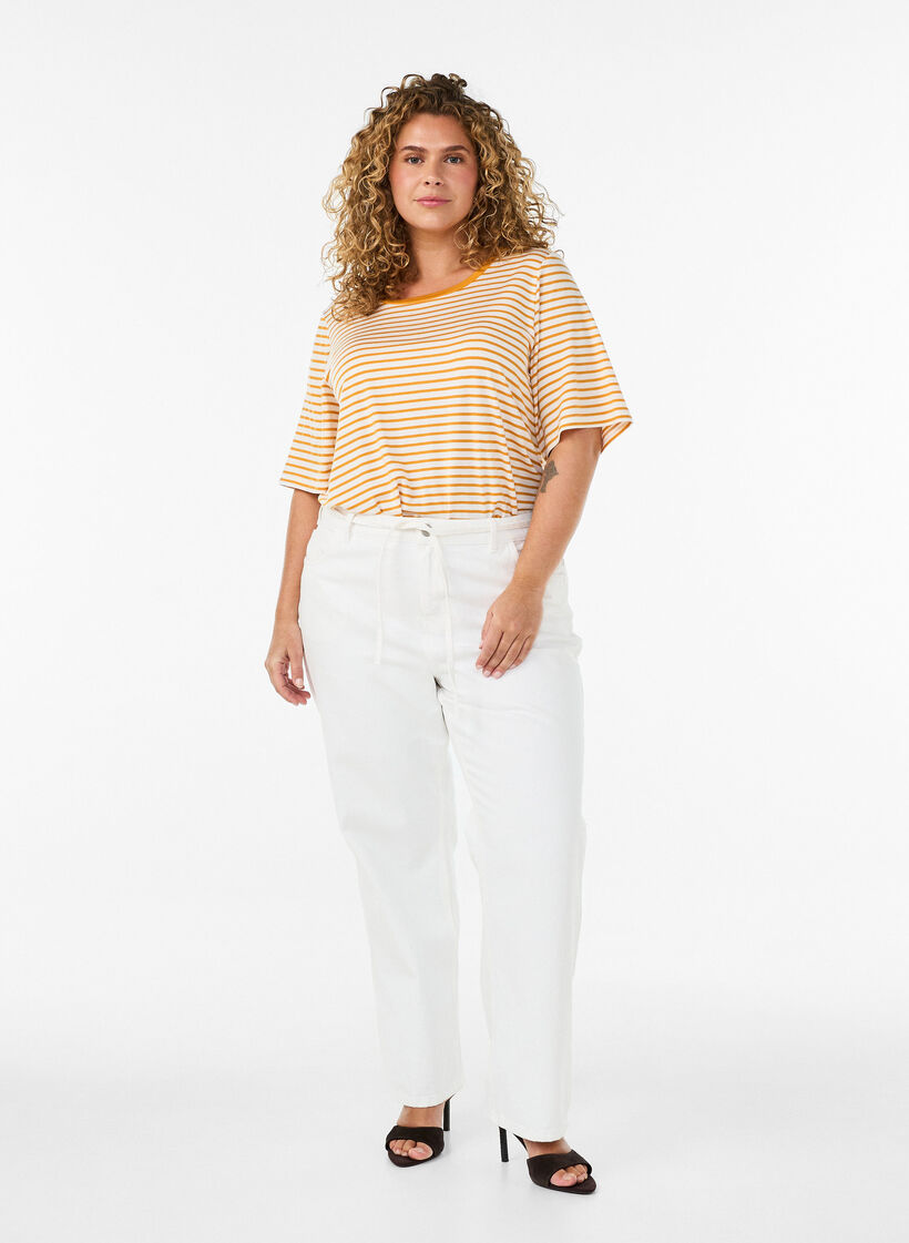 T-shirt met TENCEL&trade; Lyocell en strepen, Geel, Model image number 1