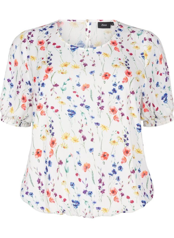 Bloemenblouse met smok, Blauw, Packshot image number 0