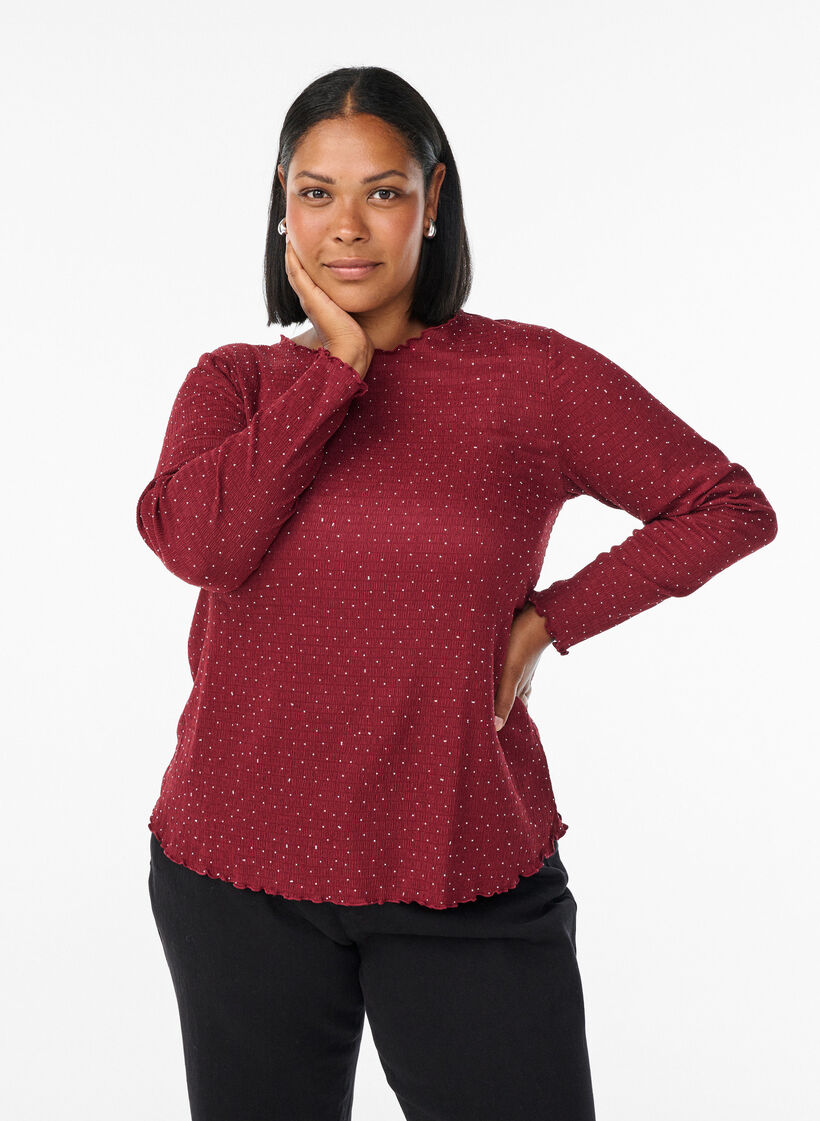 Blouse met lange mouwen en strassstenen, Donker Bordeaux, Model image number 0