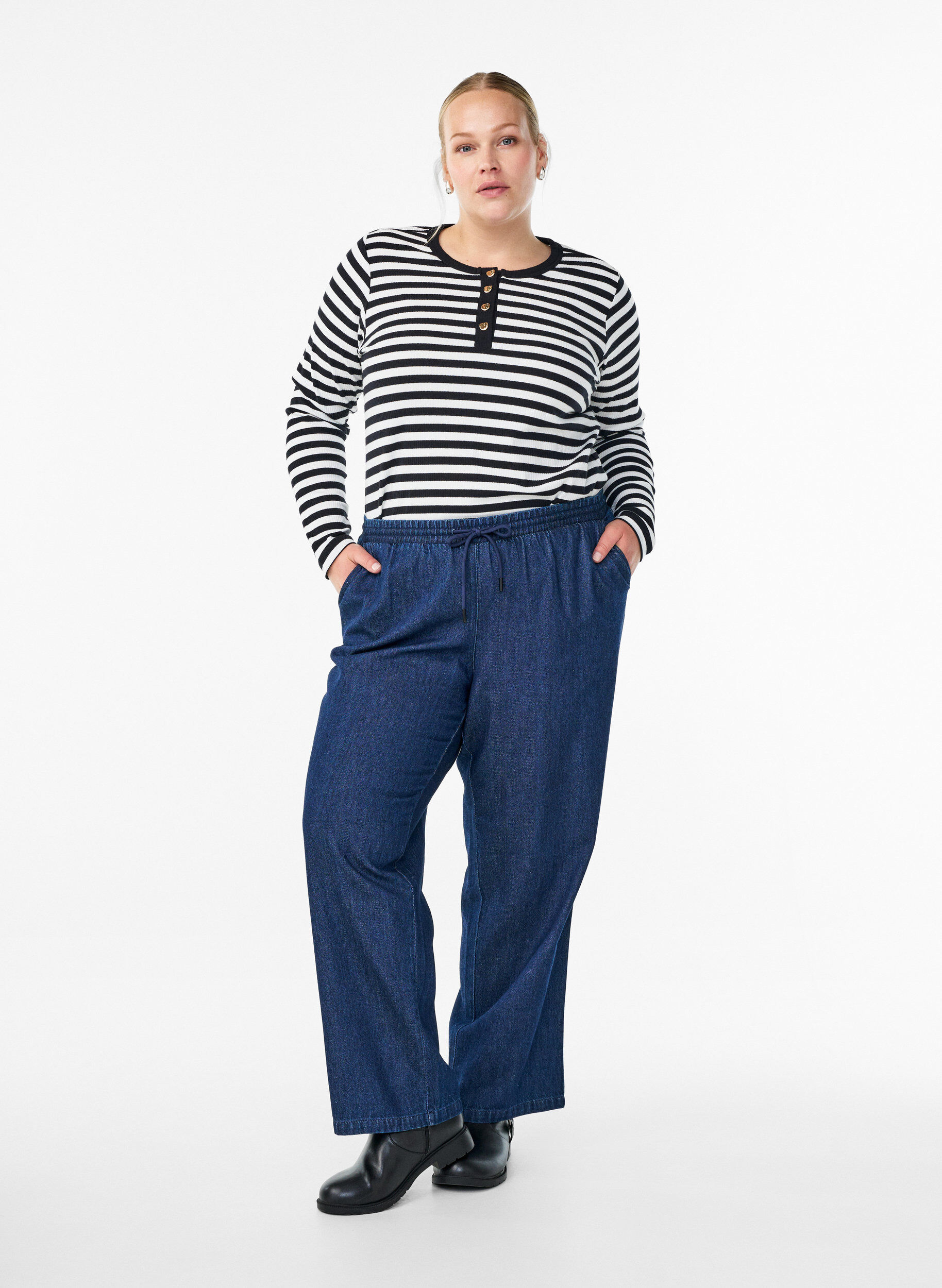 ZizziGestreepte jersey blouse met een geribde textuur, Zwart, Model image number 1