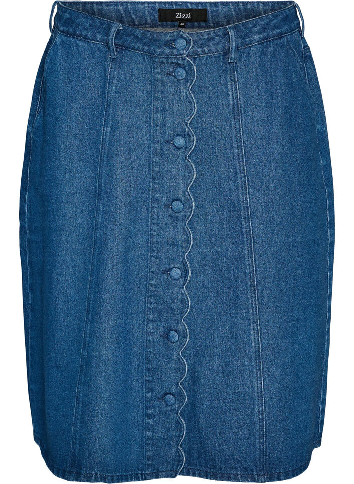 A-lijn denimrok met golvende knoopsluiting, Blauw, Packshot