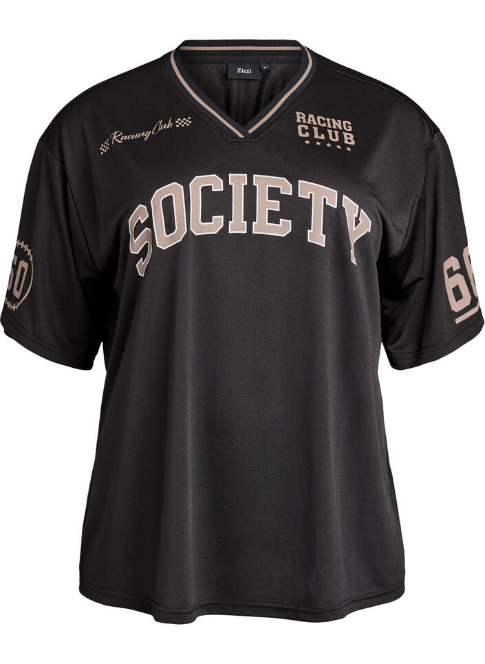 Sportief T-shirt met V-hals en raceprint, Zwart, Packshot image number 0