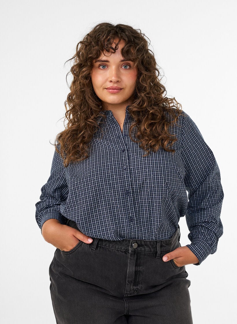 Geruit overhemd met strasssteentjes, Blauw, Model image number 0
