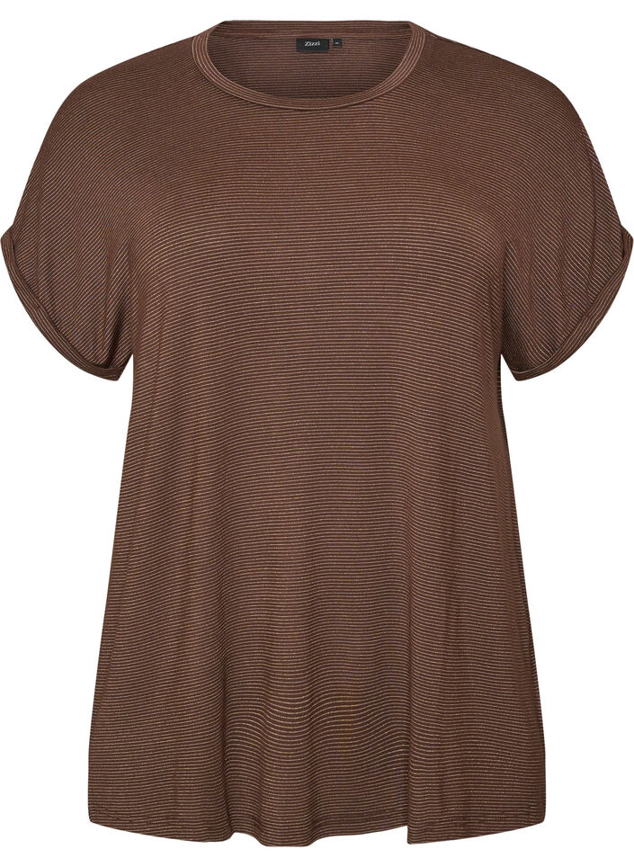 Viscose T-shirt met glitterstrepen, Bruin, Packshot image number 0