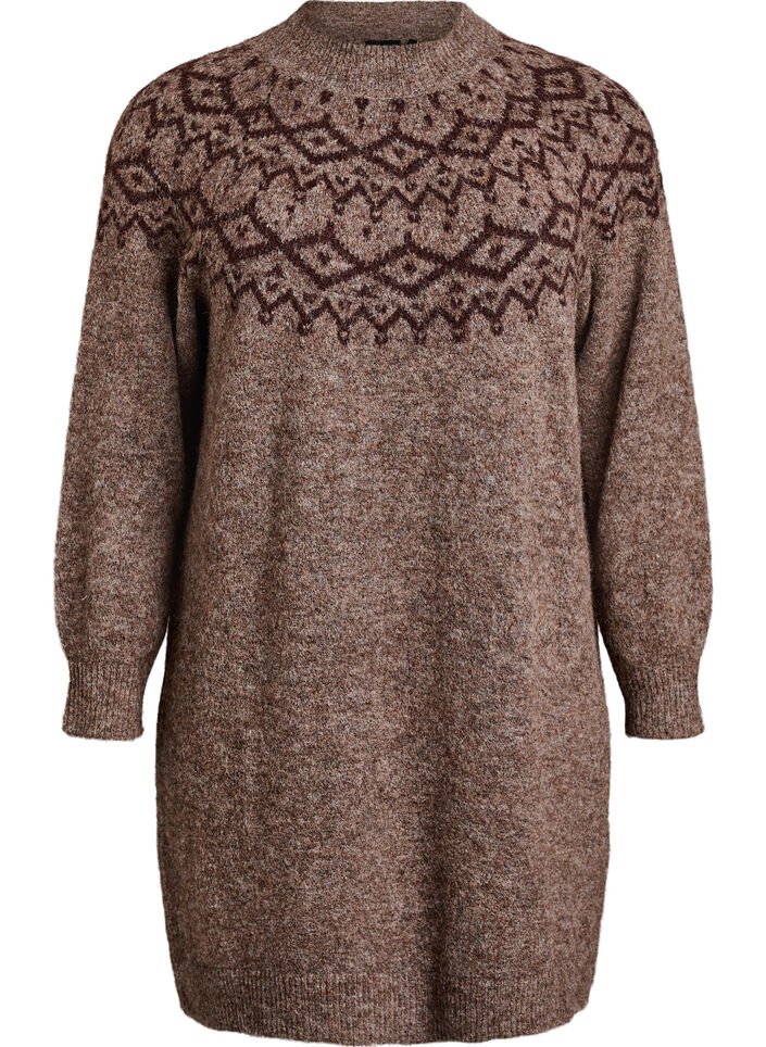 Gebreide jurk met jacquardpatroon, Bruin, Packshot image number 0